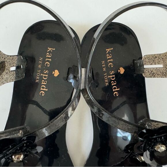 Kate Spade Farrah Black Glitter Jelly Sandals Rhinestones Floral Sz 6 Rubber - Picture 8 of 15